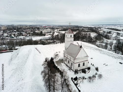 The view of the old spaso-preobrazhensky Cathedral in Zaslavl, Belarus. Drone aerial view. photo