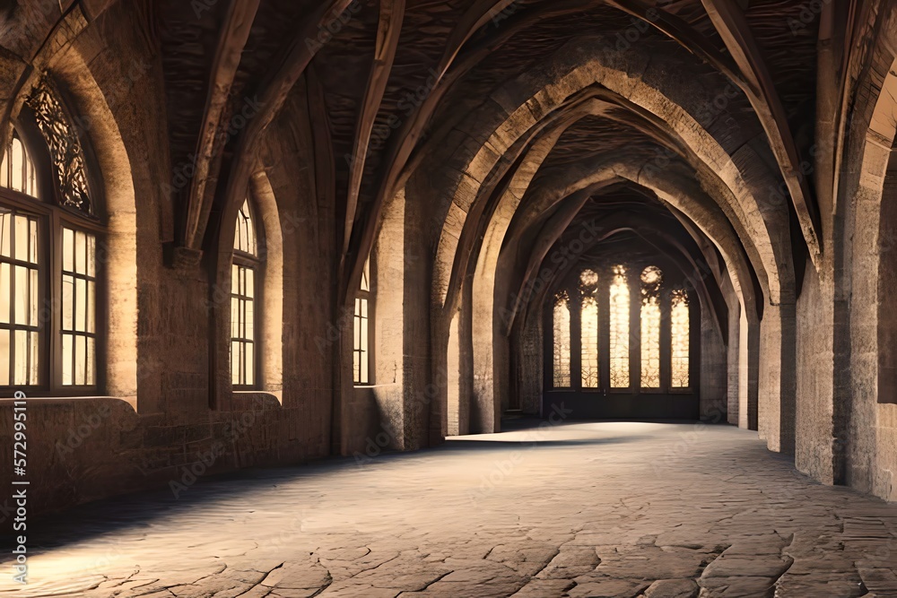 Fototapeta premium Long Medieval Castle Corridor With Torches. Fantasy Background. Interior Of Ancient Palace With Stone Arch. Digital Art. Generative AI