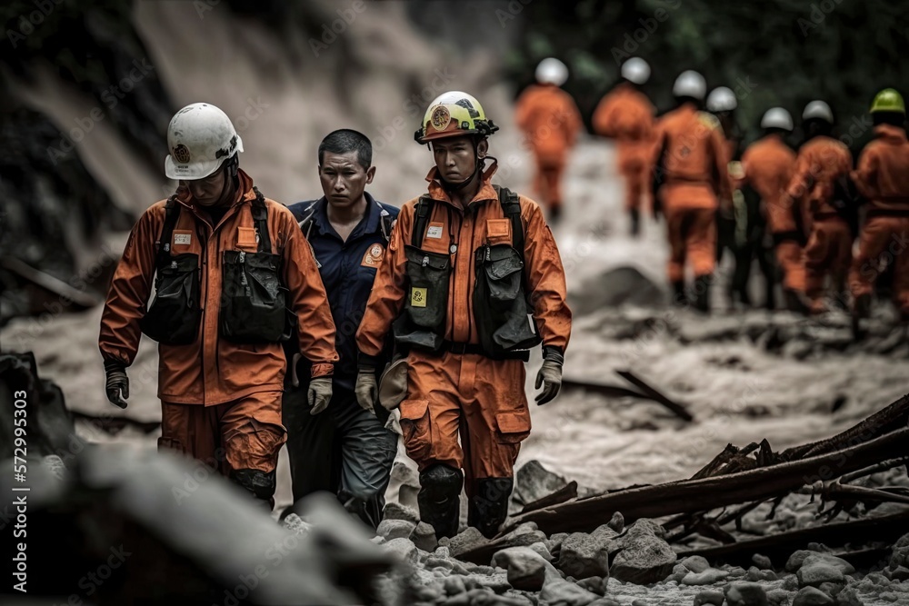 Search and rescue teams in uniform search for victims of floods, natural disasters caused by flash floods and landslides - obrazy, fototapety, plakaty 
