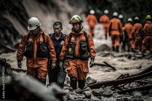 Search and rescue teams in uniform search for victims of floods, natural disasters caused by flash floods and landslides photo