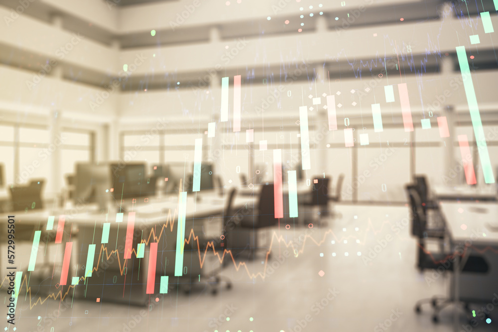 Fototapeta premium Multi exposure of virtual abstract financial graph interface on a modern furnished classroom background, financial and trading concept