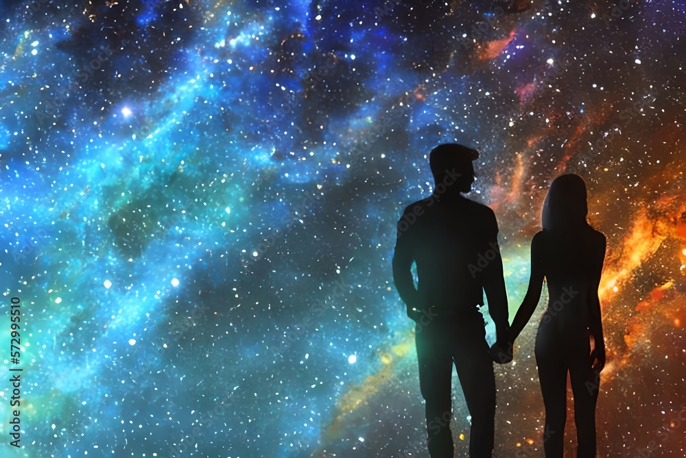 Man And Woman Silhouettes At Abstract Cosmic Background. Human Souls Couple In Love. Astral Body. Esoteric And Spiritual Life Concept. Generative AI
