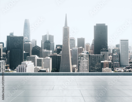 Empty concrete rooftop on the background of a beautiful San Francisco city skyline at sunset, mockup