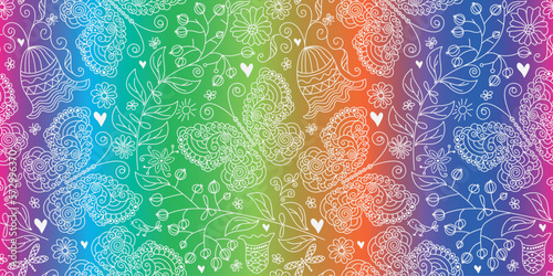 Vector colorful seamless striped gradient pattern with vintage flowers and butterflies