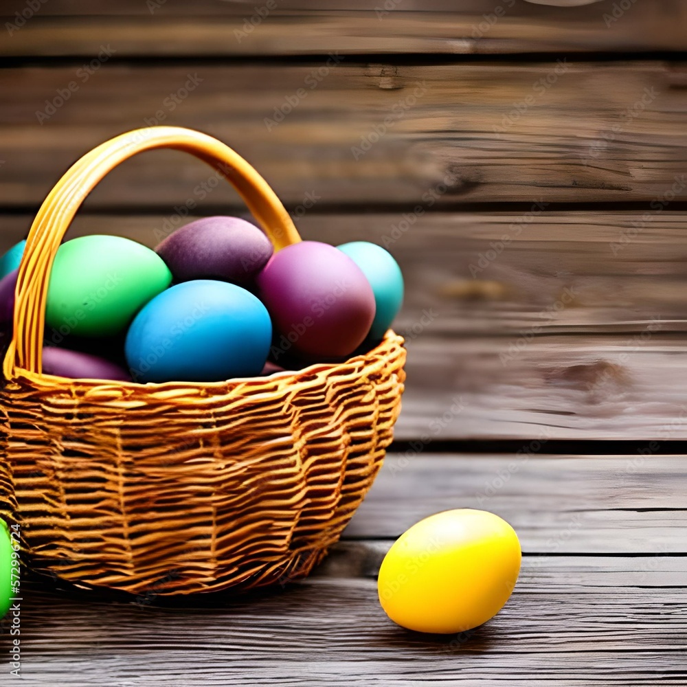 Naklejka premium Easter eggs in a tatch basket on a wooden table - IA generativa