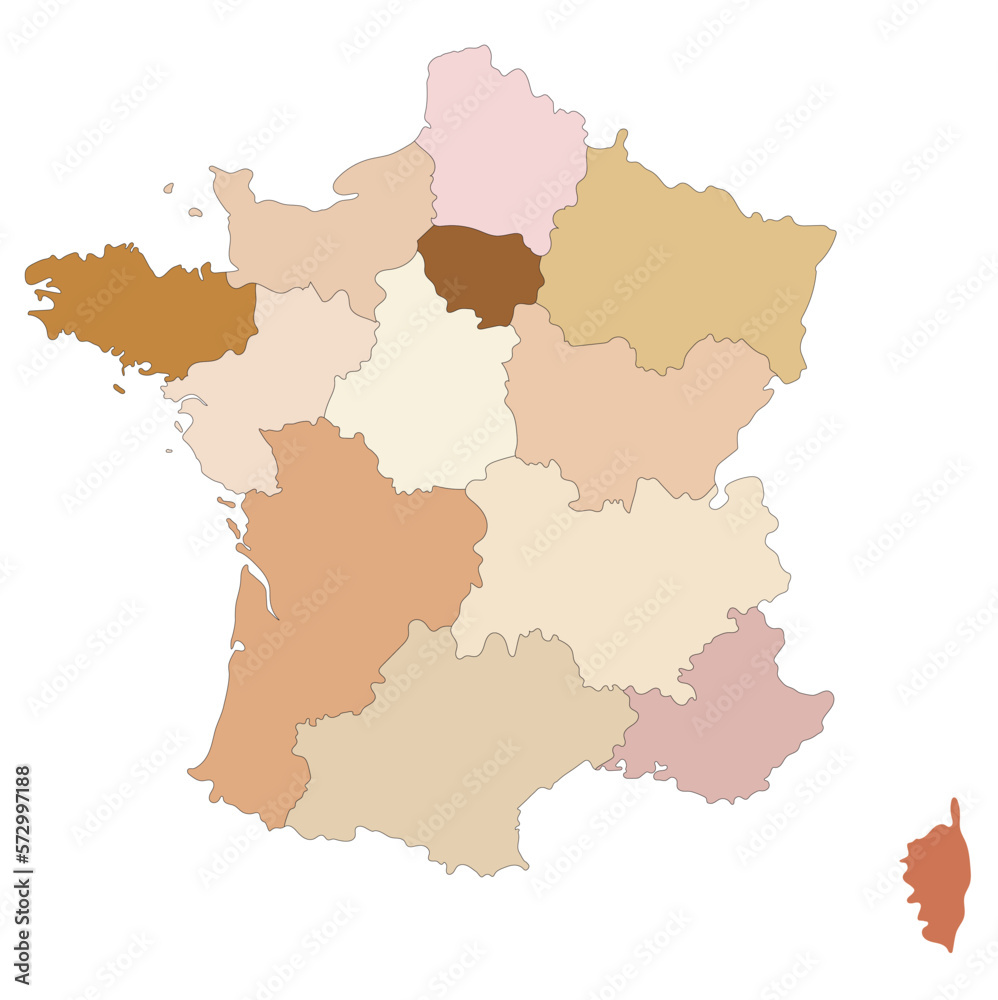 France map. French map. High detailed with multicolor division 13 regions include border countries. Transparent Background 