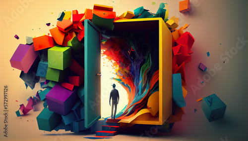 Evocative representation of 'Thinking outside the box: to become a creative problem solver.' Silhouette embarks on a  imaginative journey beyond conventional boundaries with 3D cubes generative Ai  