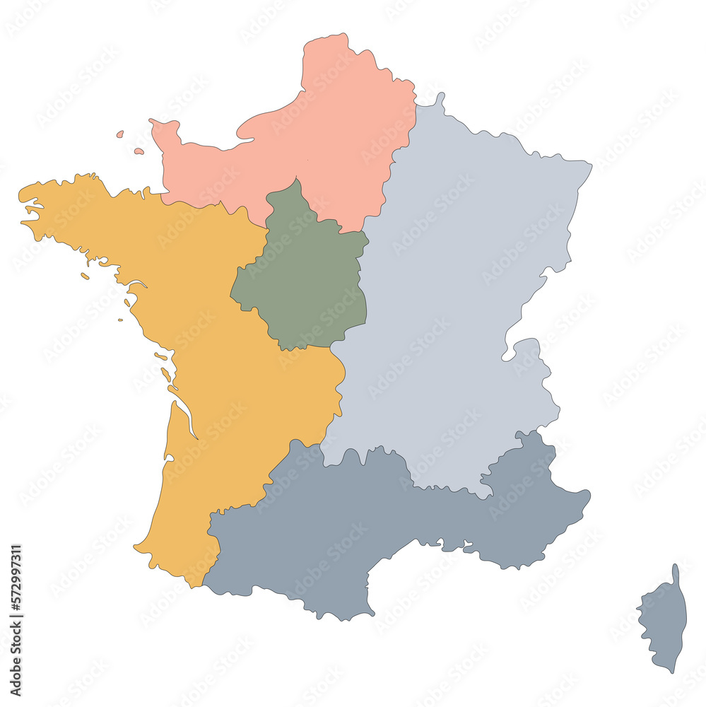 France (French) map with multicolor division 5 regions include border countries