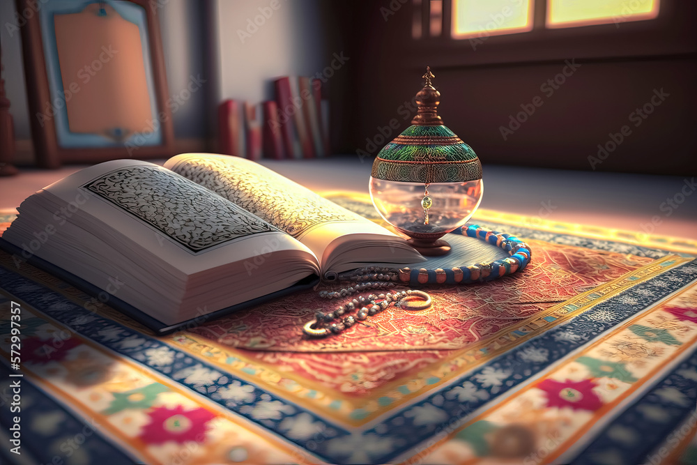 Rehal with open Quran and prayer beads on Muslim prayer mat indoors. Generative AI - obrazy, fototapety, plakaty 