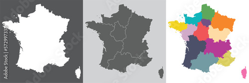 France (French) map with multicolor division 5 regions include border countries on grey color
