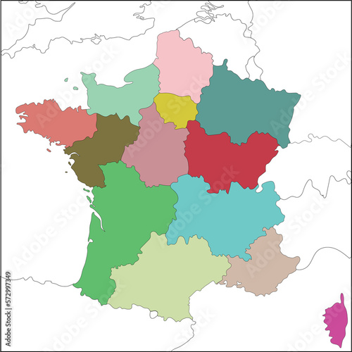 France map. French map. High detailed with multicolor division 13 regions include border countries