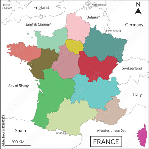 France map. French map. High detailed with multicolor division 13 regions include border countries, Italy, Belgium, Switzerland, England, Luxembourg, Andorra, Spain, Germany, English Channel, Mediterr