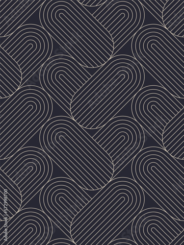 Art Deco Ovals Herringbone Outline Seamless Pattern Abstract Vector Background. Elegant Royal Contour Ornament Retro Repetitive Pale Gray Wallpaper. Line Art Graphic Endless Textile Print Illustration