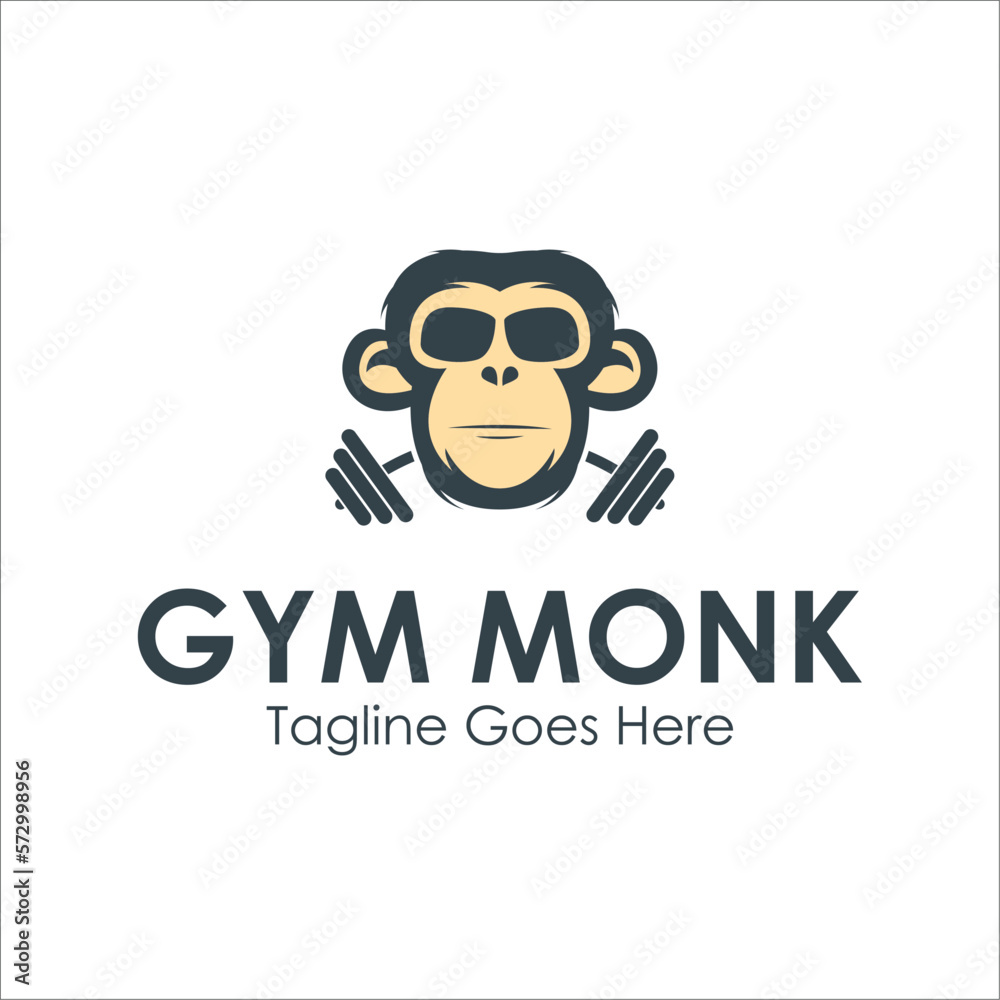 Gym Monkey Logo Design Template with monk icon and gym. Perfect for business, company, mobile, app, etc