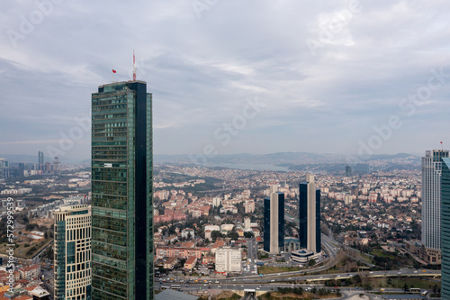 High angle aerial panoramic view of houses and business centers in Maslak region of Sariyer district, Istanbul photo