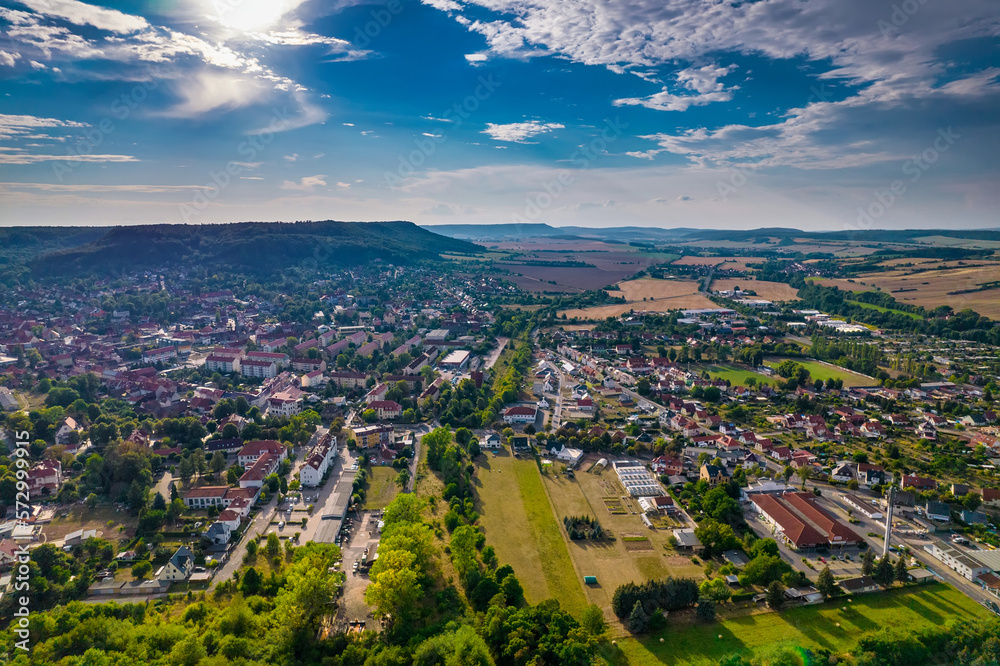 Houses in the city of Bleicherode, Germany. View from the top of german little city in spring day.