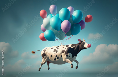 Kuh hängt an Luftballontraube und fliegt durch die Luft, Generative AI photo