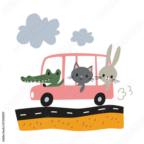 Animals passing, ridding by on a bus. Crocodile, kitten, and rabbit have fun on the bus journey. Cute animals go on, ride bus. Smiley faces. The crocodile, kitten, and rabbit enjoy the bus ride.