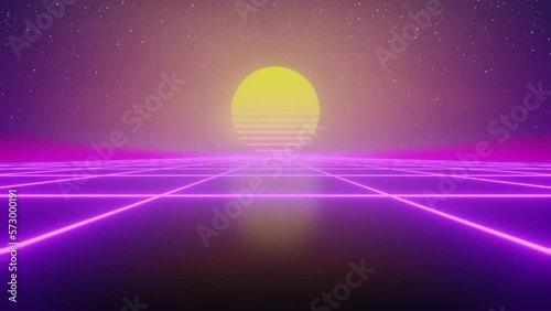 Synthwave Sunset. Animated Background. 80s Sun. Wireframe Landscape. Retro Future Perspective Grid. Retrowave Style. Sci-fi Abstract Backdrop. 3d render. Seamless loop