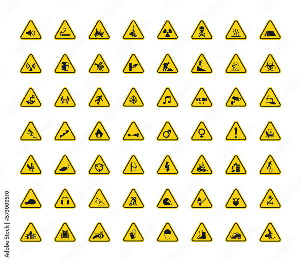 Vector illustration warning hazard triangle sign icons set. Triangular warning hazard symbols on white background. Vector illustration - Vector Vector illustration warning hazard triangle sign icons set. Triangular warning hazard symbols on white background. Vector illustration - Vector