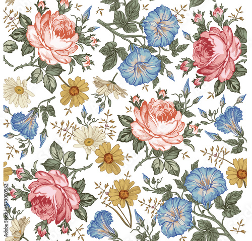 Seamless pattern. Chamomile Daisies Roses wildflowers. Beautiful blooming realistic isolated flowers Vintage background fabric Wallpaper baroque. Drawing engraving sketch Vector victorian illustration