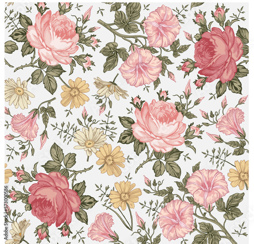 Seamless pattern. Chamomile Daisies Roses wildflowers. Beautiful blooming realistic isolated flowers Vintage background fabric Wallpaper baroque. Drawing engraving sketch Vector victorian illustration