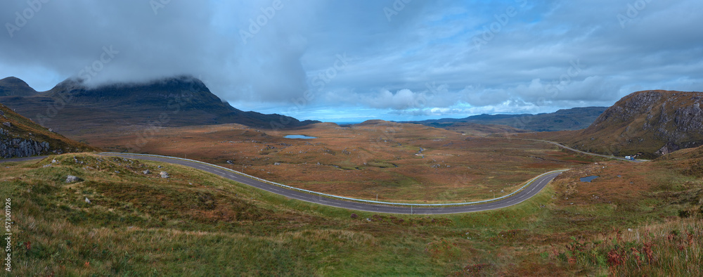 Beautiful panorama of a mountain road in the Scottish Highlands. North West Highlands, Scotland