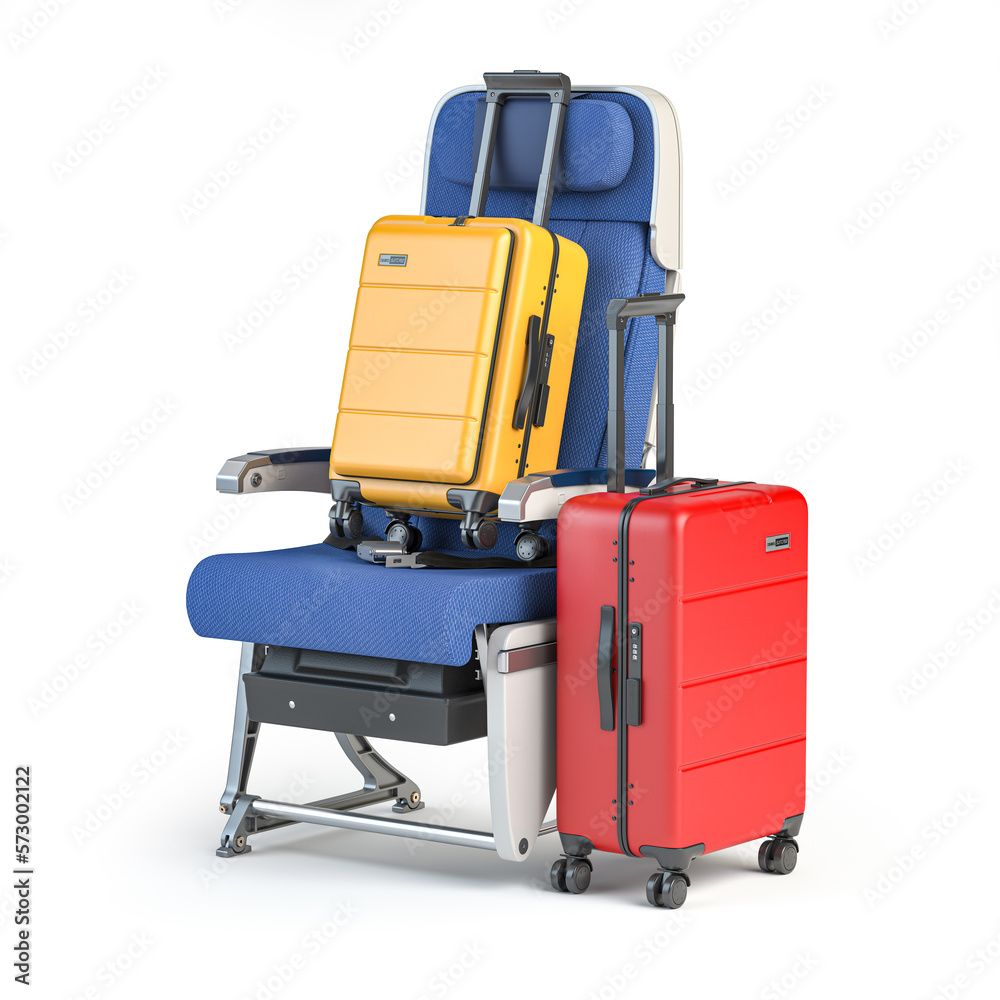 Aircraft sear with two travel suitcases. Passangers baggage rules and condicions of airlines concept.