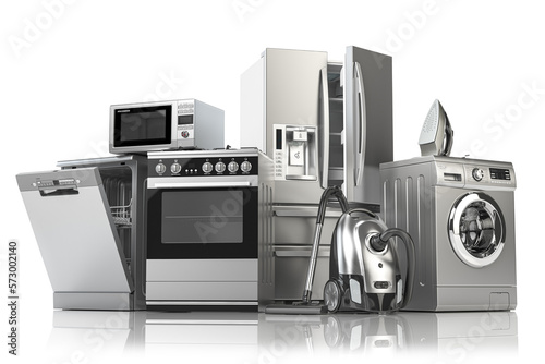 Home appliances. Household kitchen technics isolated on white background. Fridge, dishwasher, gas cooker, microwave oven, washing machine vacuum cleaner air conditioneer and iron. photo