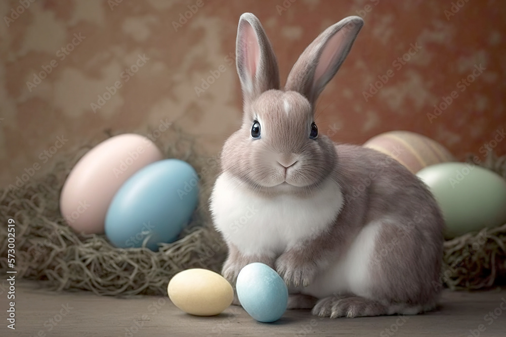 Adorable Easter rabbit with colourful Easter Eggs. Easter bunny, Happy Easter Holidays, Holy Week tradition, Spring holiday, Easter Sunday. Generative AI. Adorable Easter rabbit with colourful Easter Eggs. Easter bunny, Happy Easter Holidays, Holy Week tradition, Spring holiday, Easter Sunday. Generative AI.