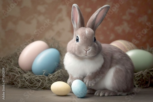 Adorable Easter rabbit with colourful Easter Eggs. Easter bunny, Happy Easter Holidays, Holy Week tradition, Spring holiday, Easter Sunday. Generative AI.