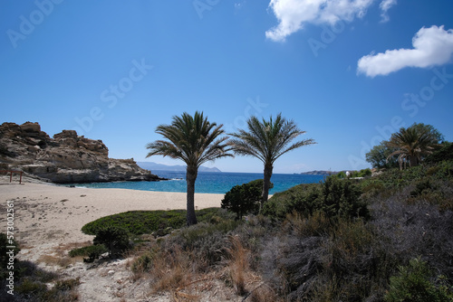 Panoramic view of the beautiful dream beach of Sapounohoma in Ios Greece with palm trees © DIMITRIOS