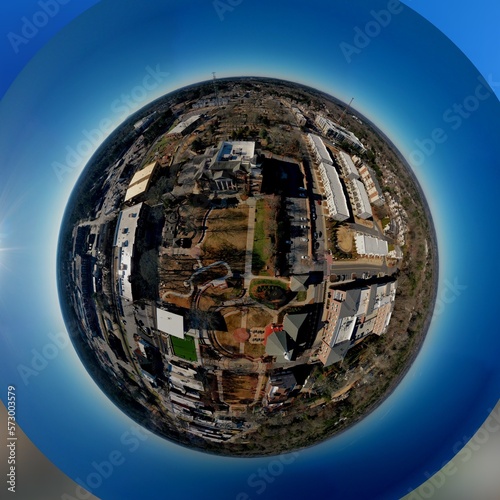 360 Degree tiny planet aerial view of  City town hall and the park in downtown Duluth in Georgia,USA photo