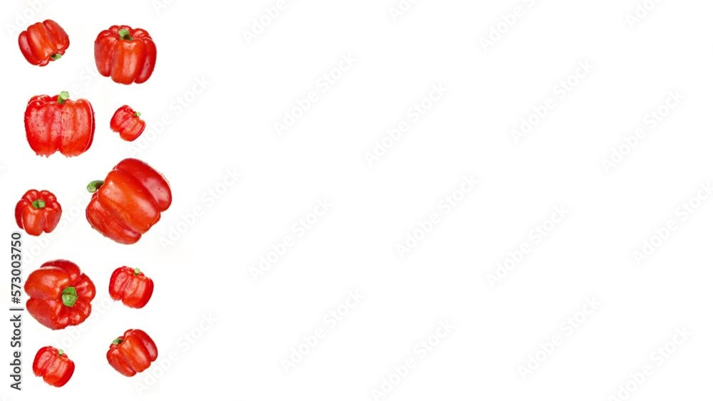 Red bell peppers with green stems covered with water drops turn around slowly on white background with right space for template Red bell peppers with green stems covered with water drops turn around slowly on white background with right space for template