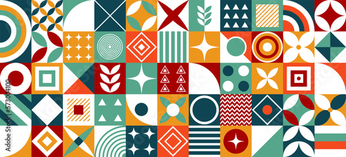 Bauhaus style pattern. Neo Geo Trendy seamless geometric background made with colorful geometric shapes and simple geometrical figures, for web background, poster fine arts, cover page and prins.