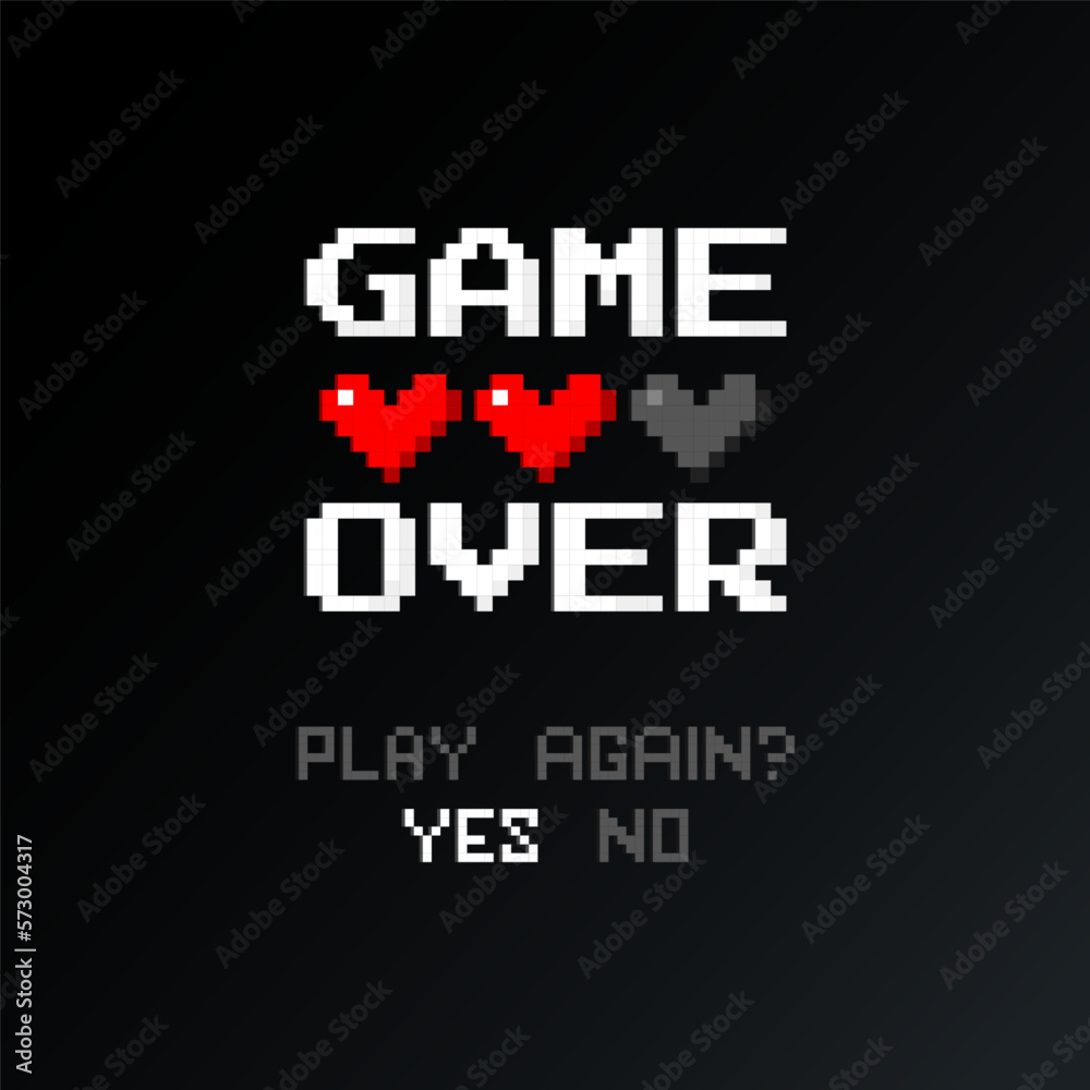 Game Over Play Again in cyber noise glitch design. Retro game backdrop. Glitched lines noise. VHS effect for your design.