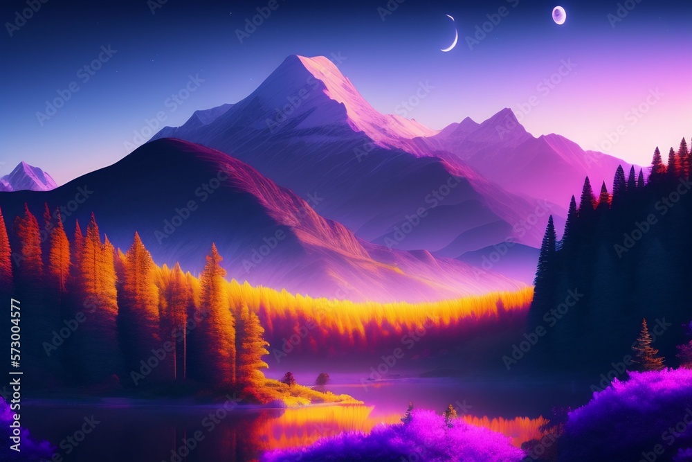 Purple night landscape with mountains and moon digital art