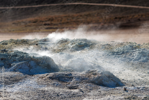 Hverir geothermal area in Iceland. Popular tourist area with mud pots and smoking vents.