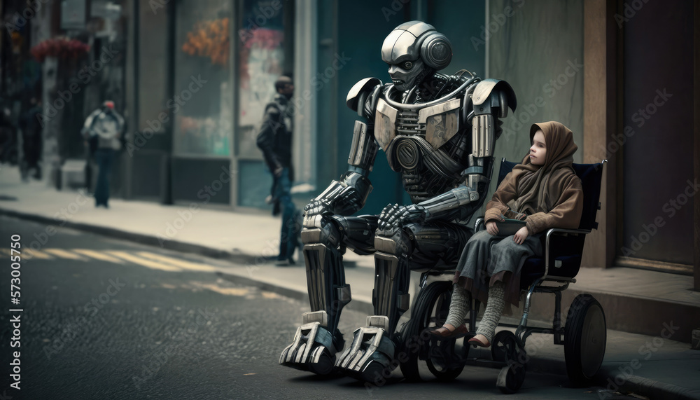Futuristic plot, a old robot in the city accompanies a person. generative AI Futuristic plot, a old robot in the city accompanies a person. generative AI