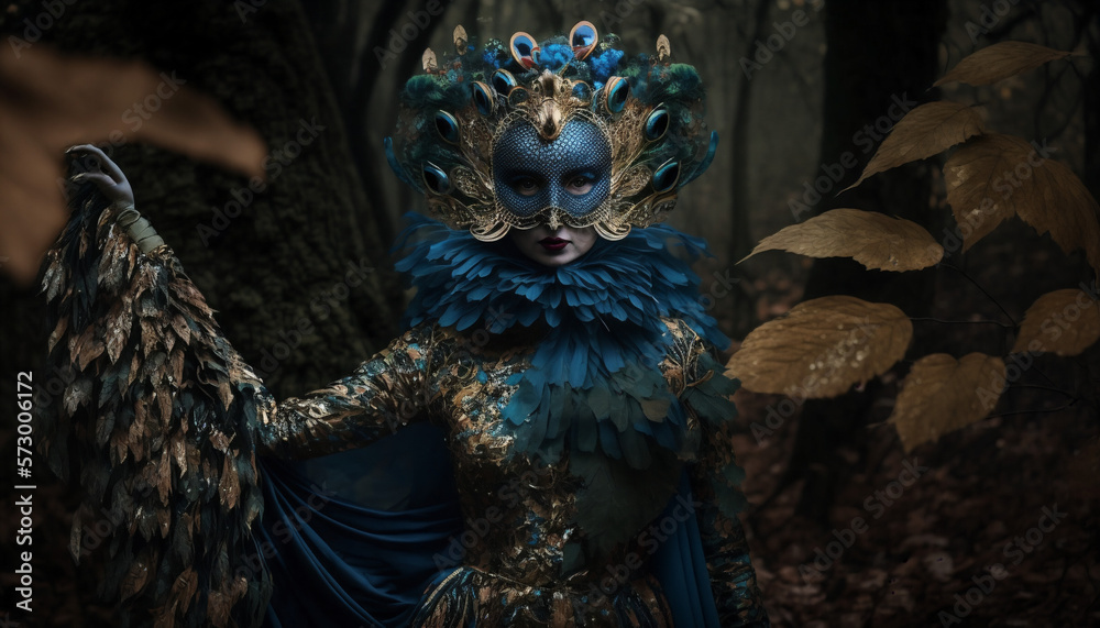 Beautiful woman in fashion peacock costume in dark forest background. Generative AI