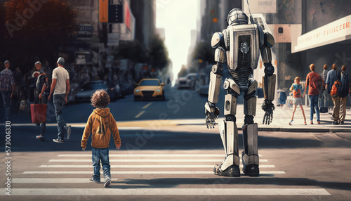 Futuristic plot, a old robot in the city accompanies a person. generative AI