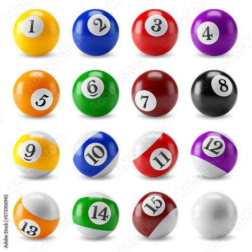 3d realistic Pool or American billiards balls collection. Snooker color balls with numbers and zero ball. Isolated on white background. Billiards icon set. Vector illustration.