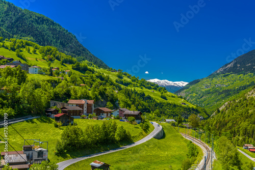 Railroad in Alps mountains valley, Moerel, Filet, Oestlich Raron, Wallis Valais Switzerland
