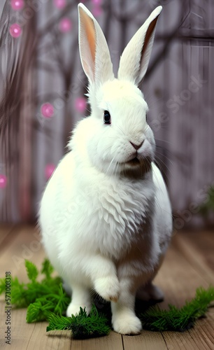 Сute white rabbit. An Easter greeting card. Generated by AI. Vertical background
