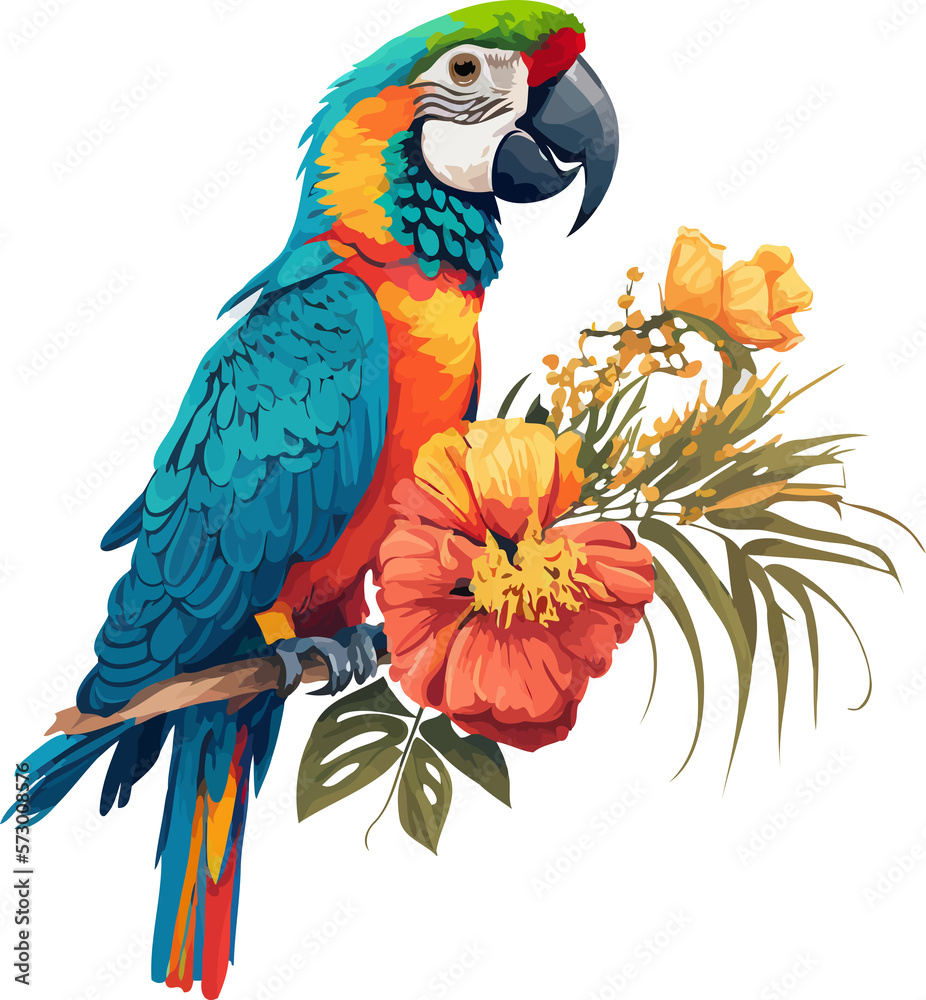 Obraz premium macaw perched on a branch with a flower created with Generative AI technology