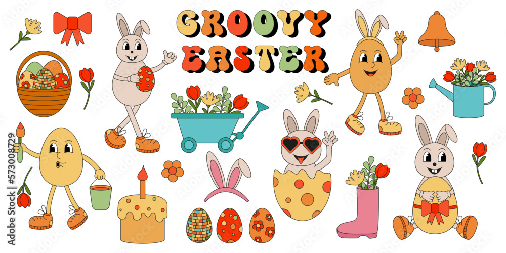 Obraz premium Easter character in trendy retro 60's 70's cartoon style. Groovy hippie easter set isolated on white