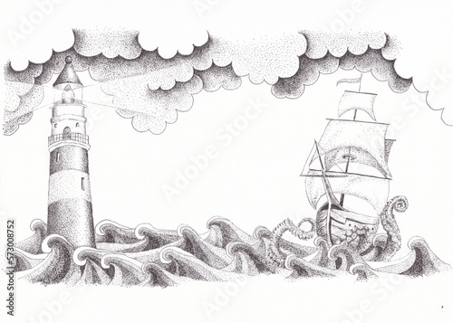 Stormy seas, tall ship caught by an octopus, sailing near lighthouse in a black and white tattoo style, pen and ink