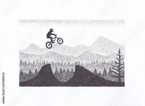 Pen and ink drawing of a mountain bike on a big jump