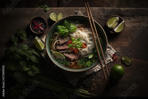A bowl of Vietnamese pho with rice noodles and fresh herbs