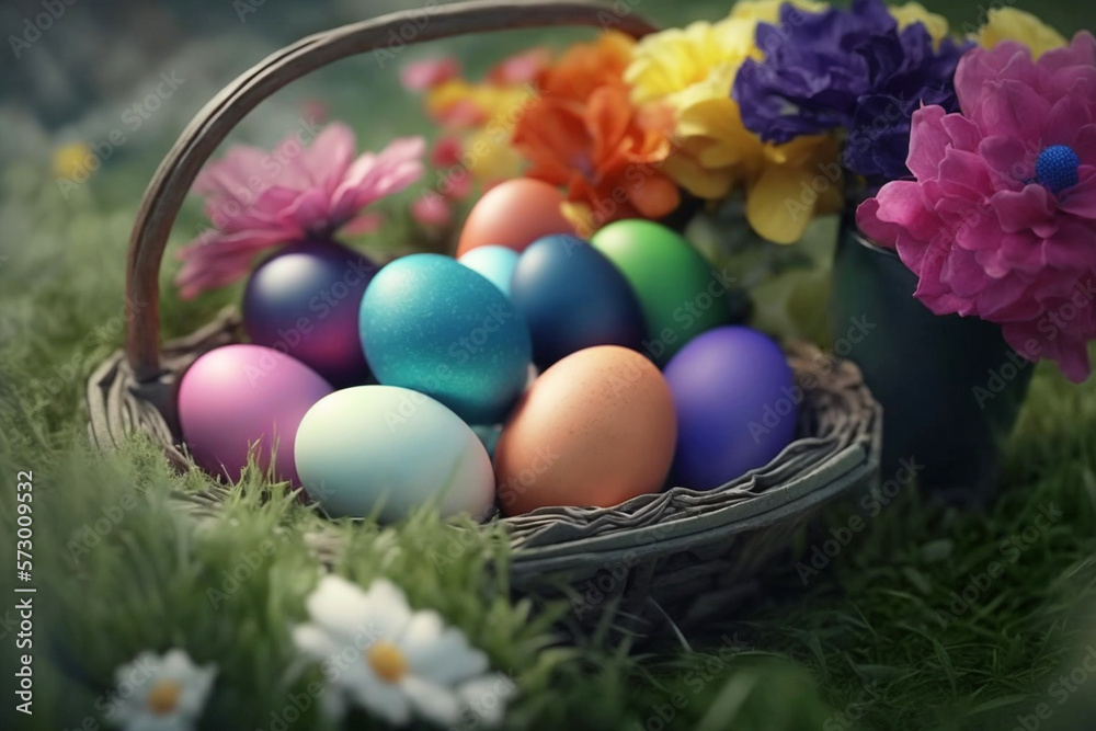 A basket full of vibrantly dyed Easter eggs, nestled amongst pastel-hued flowers and green grass, Easter decoration, generative ai A basket full of vibrantly dyed Easter eggs, nestled amongst pastel-hued flowers and green grass, Easter decoration, generative ai